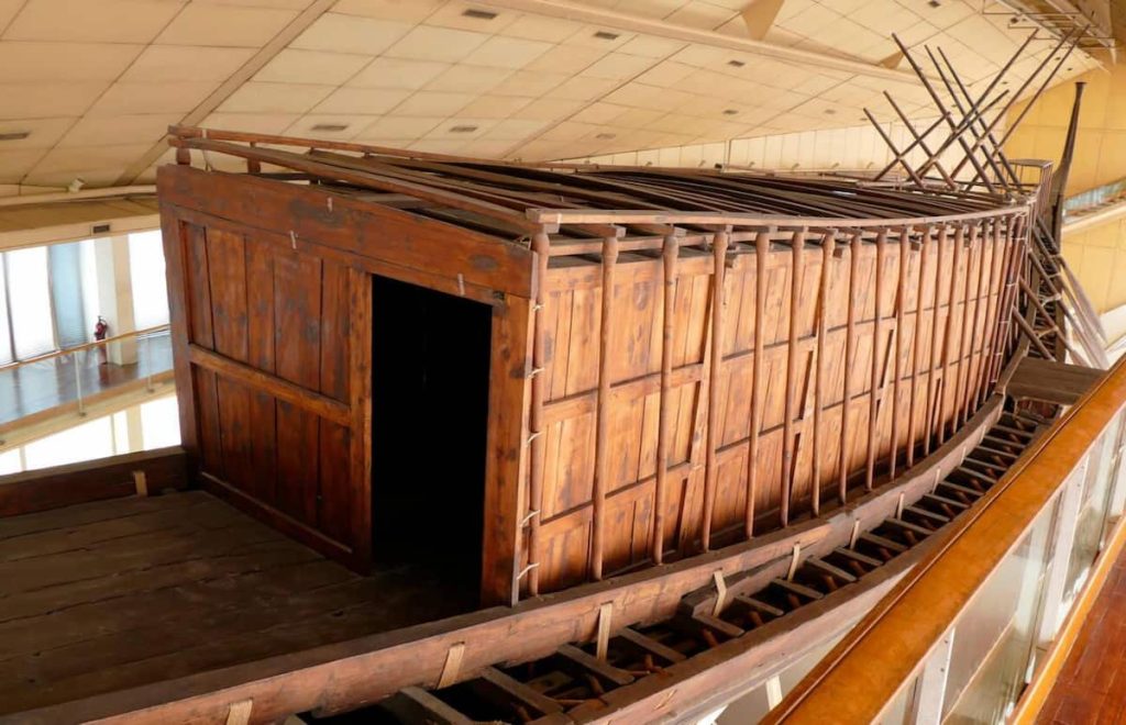 The Khufu ship, (Solar Ship), from Ancient Egypt, was sealed into a pit in the Giza pyramid complex
