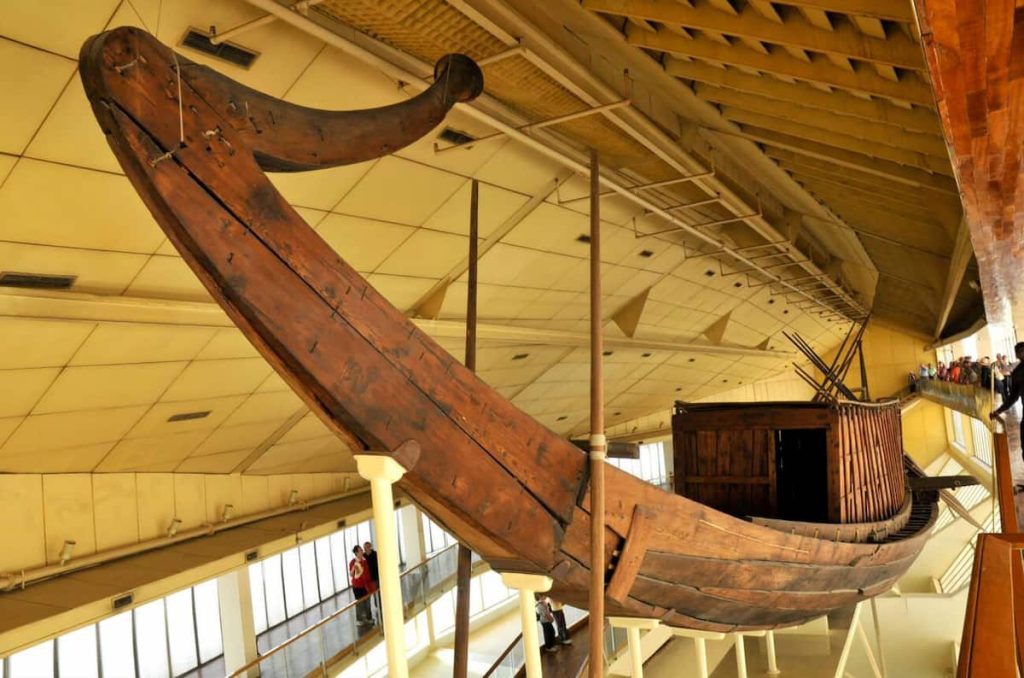 Khufu solar boat museum, King Cheops ship in the museum at the base of the Great Pyramid, Giza, Cairo, Egypt