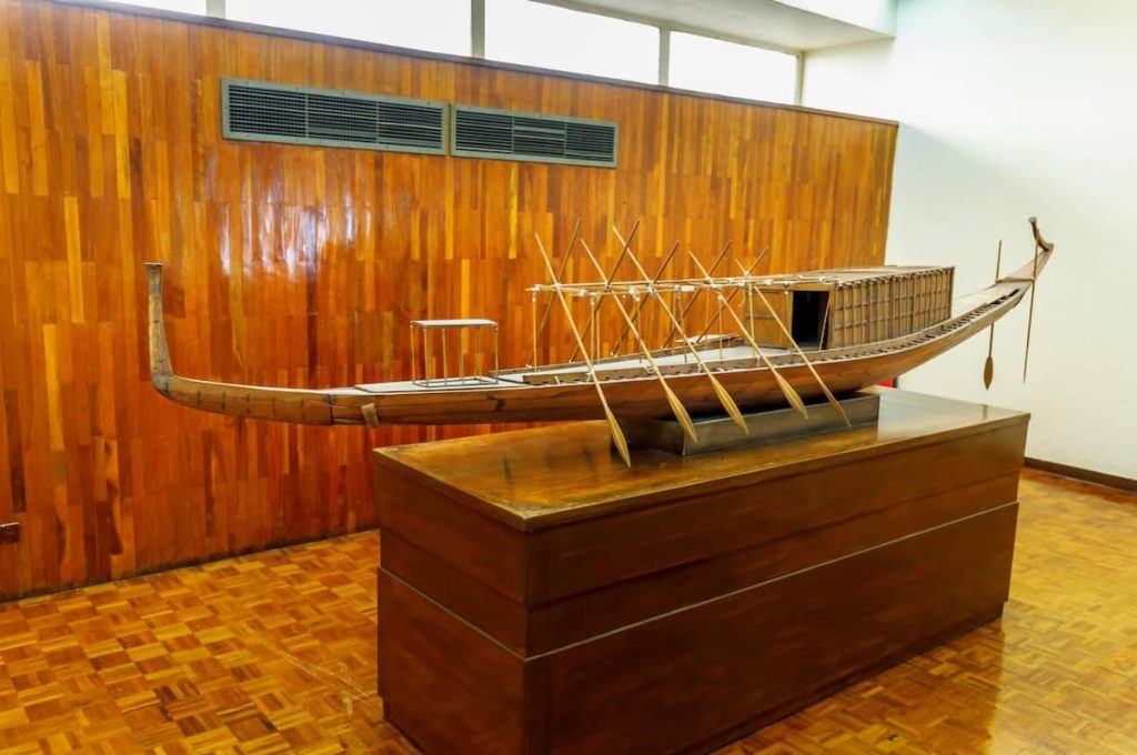 Model of Khufu's ship, an intact full-size vessel of Ancient Egypt in the Solar Boat Museum by the Great Pyramid of Khufu