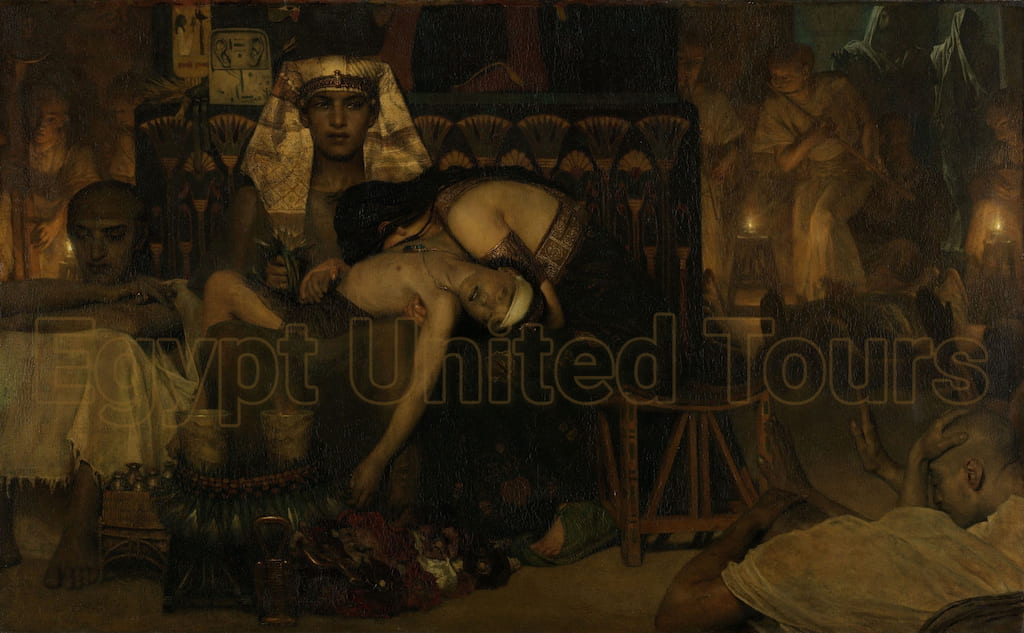 Death of the Pharaoh's Firstborn Son, by Lawrence Alma Tadema, 1872, English painting oil on canvas. Moses and Aaron