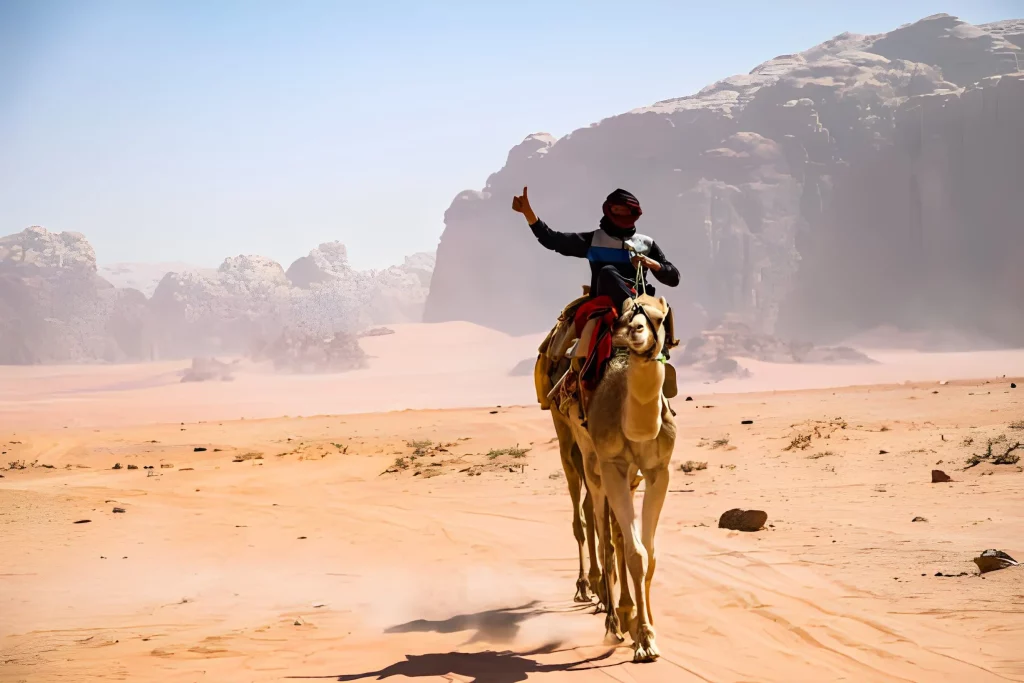 A bedouin is riding a camel at Wadi Rum