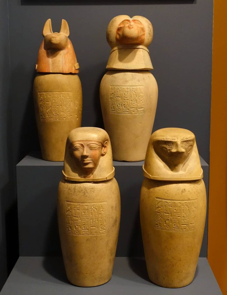 the Canopic jars and the faces of Imsety, Hapy, Duamutef, and Qebehsenuef