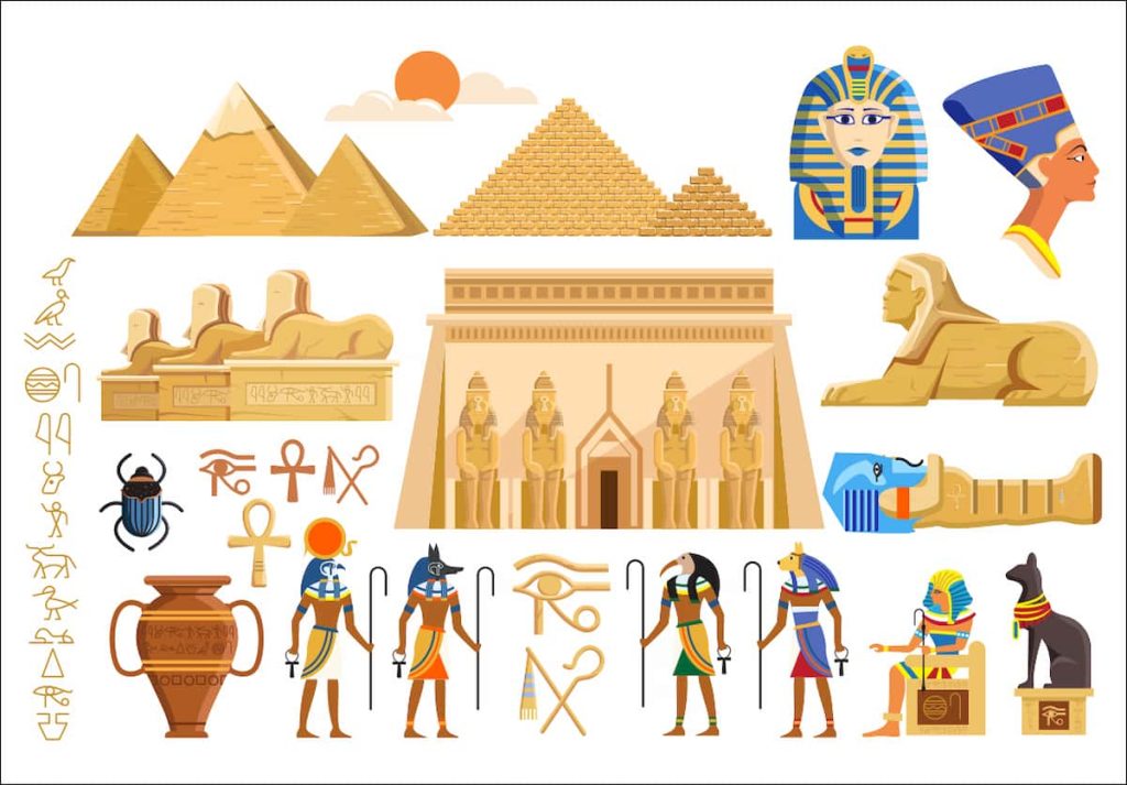 Various cultural symbols of Egyptian architecture and signs
