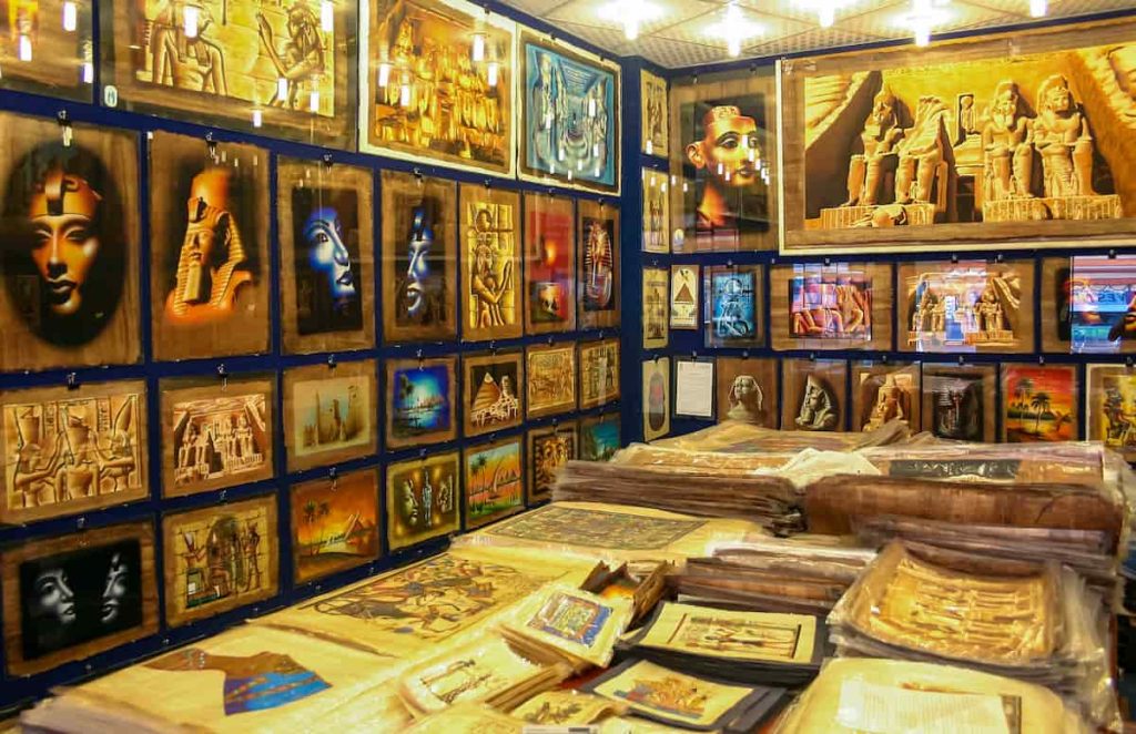Shop of Egyptian papyri in the city of Hurghada on the shores of the Red Sea, Egypt