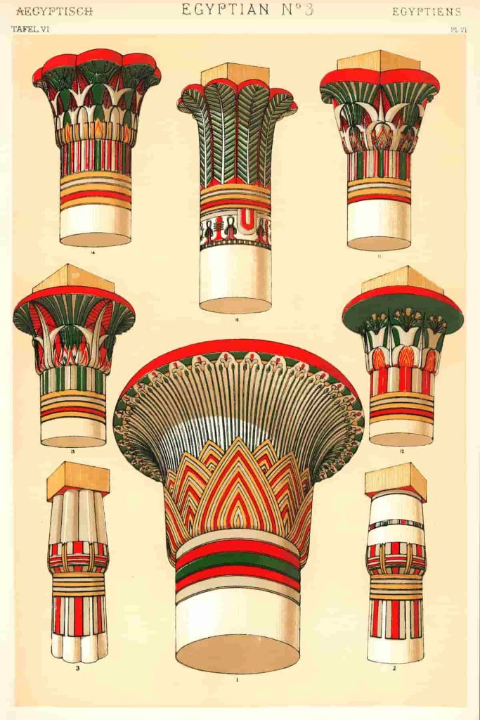 Egyptian column 19th Century Ornament by Owen Jones, Ancient Egypt column drawing, Illustration of Egyptian column architecture, various types of column from ancient Egypt culture