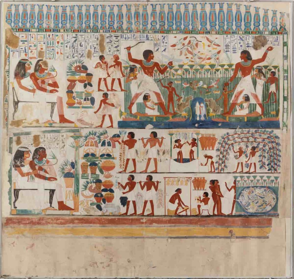 Ancient Egyptian mural with figures, hieroglyphs
