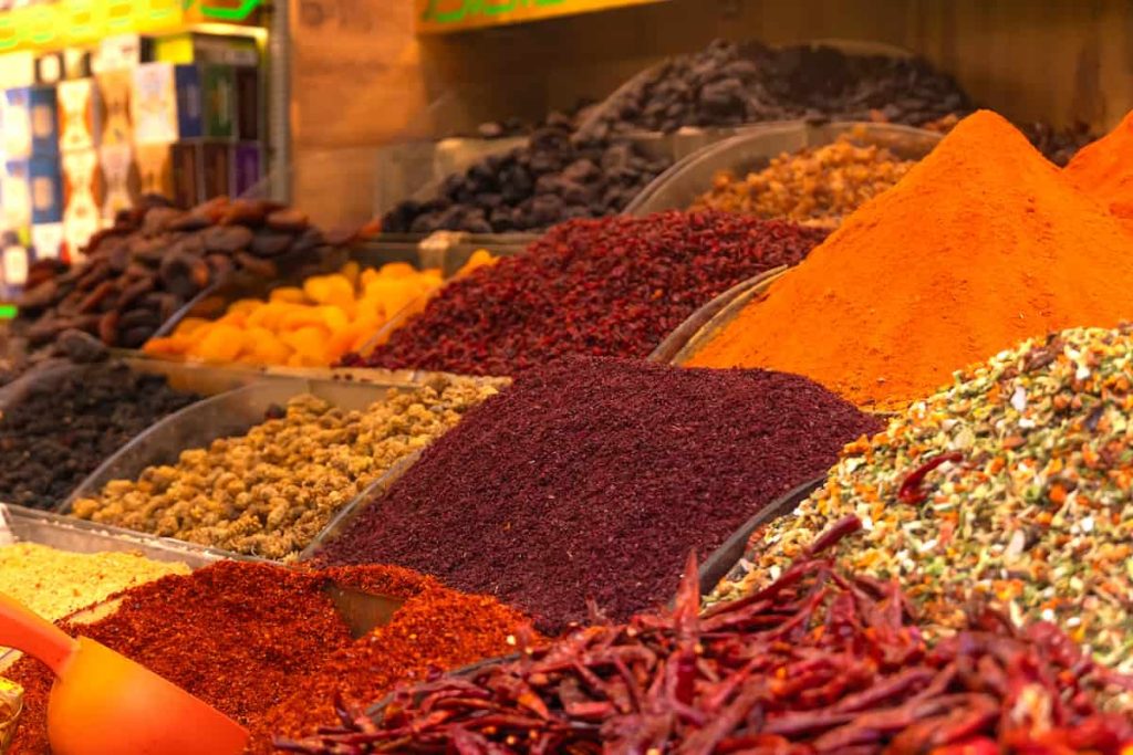 Close-up of a variety of colorful spices at the Egyptian Bazaar 