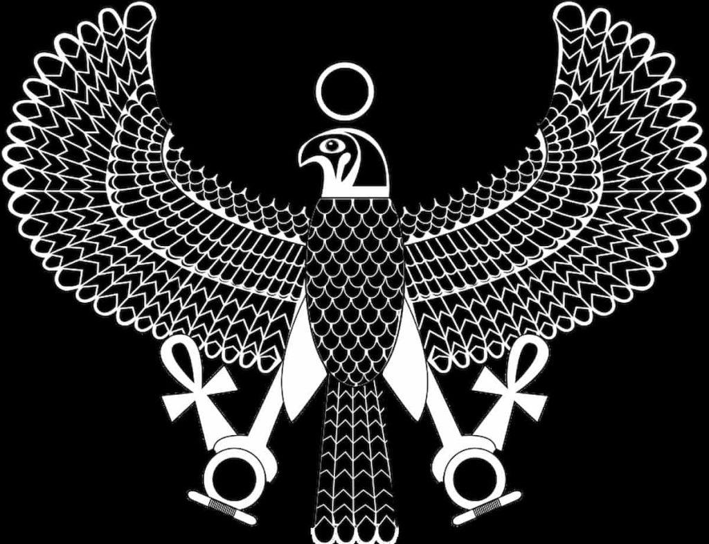 Black and white ancient egyptian symbol of Horus the falcon god