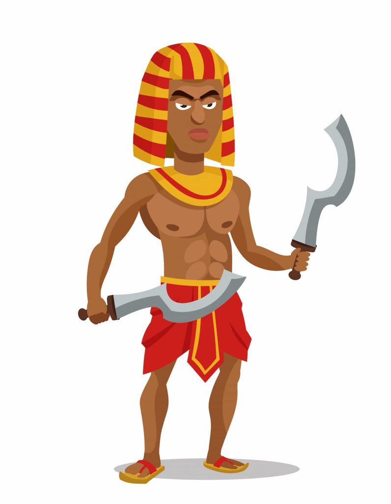 Egyptian warrior holding khopeshes.