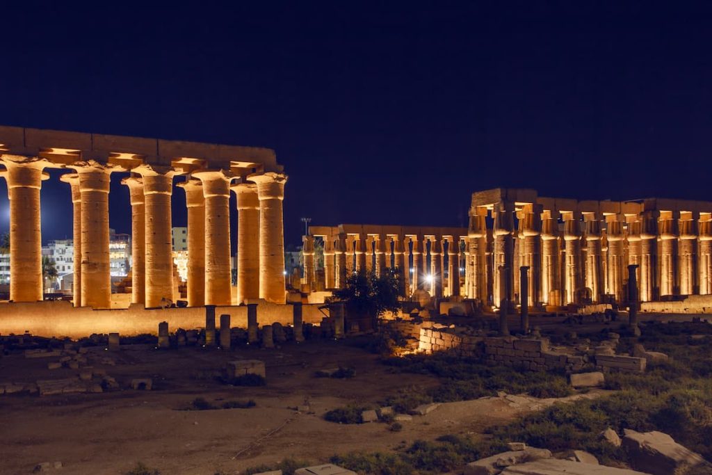 Illuminated Luxor Temple. The Peristyle Court of Amenhotep III and Hypostyle Hall of Egypt