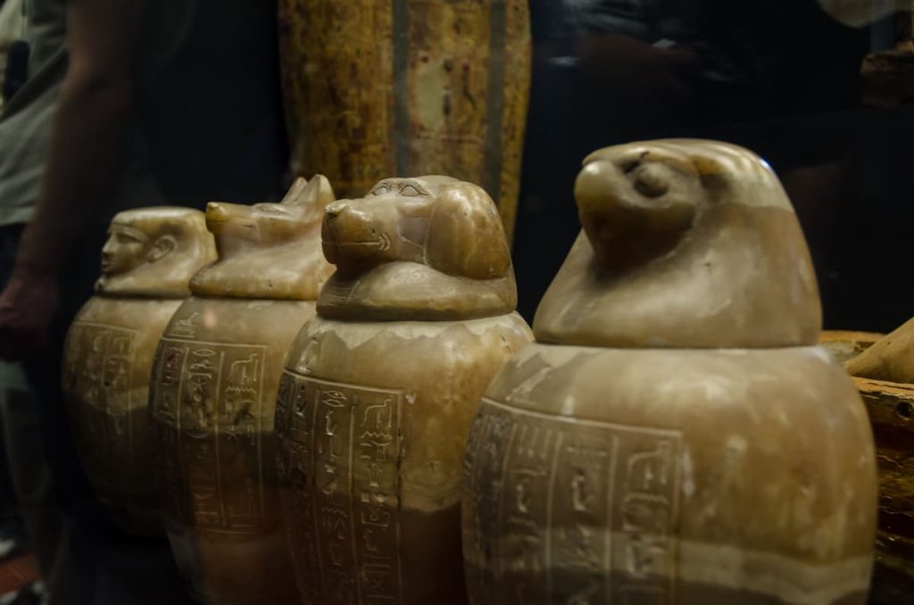 A closeup shot of canopic jars in the Vatican museum in Rome, Italy