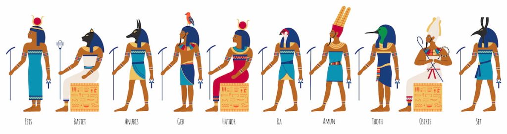 Ancient egyptian gods. Egyptian culture gods, Anubis, Osiris, Isis, Bastet and Amun Ra.
