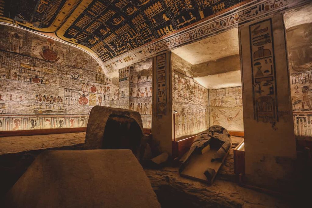 View to the White Stone Sarcophagus inside the Ancient Egyptian Tomb of the Valley of the Kings