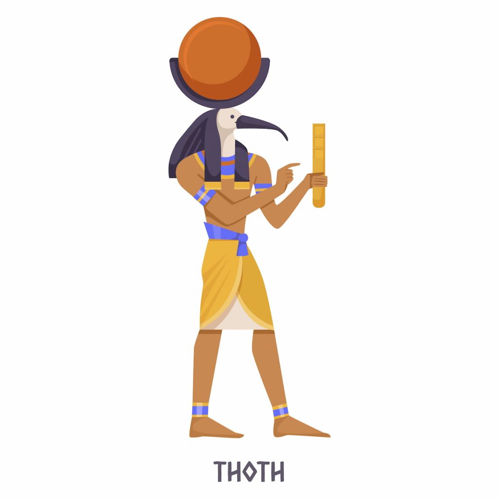 Illustration of Thoth, the Egyptian deity with an ibis head, holding a scrol