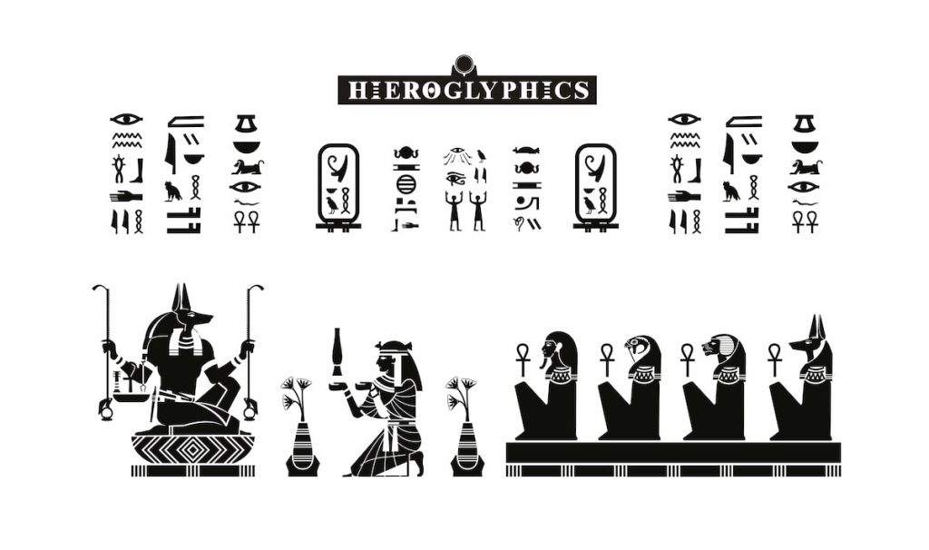 Egyptian papyrus with gods and goddesses offering to anubis in silhouette. Ancient Egyptian gods and goddesses 