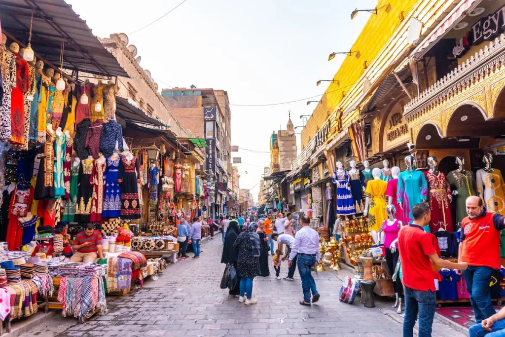 Streets and local shops in Khan el-Khalili bazaar in Cairo