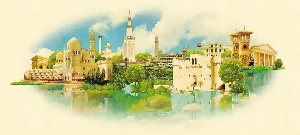 ALEXANDRIA city high resolution panoramic watercolor illustration