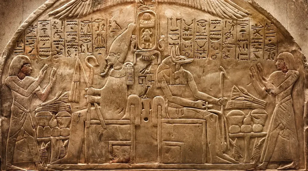 Ancient Egyptian deities Osiris and Anubis, Egyptian hieroglyphs. Historical and culture background. Ancient Egyptian hieroglyphs as a symbol of the history of the Earth. 