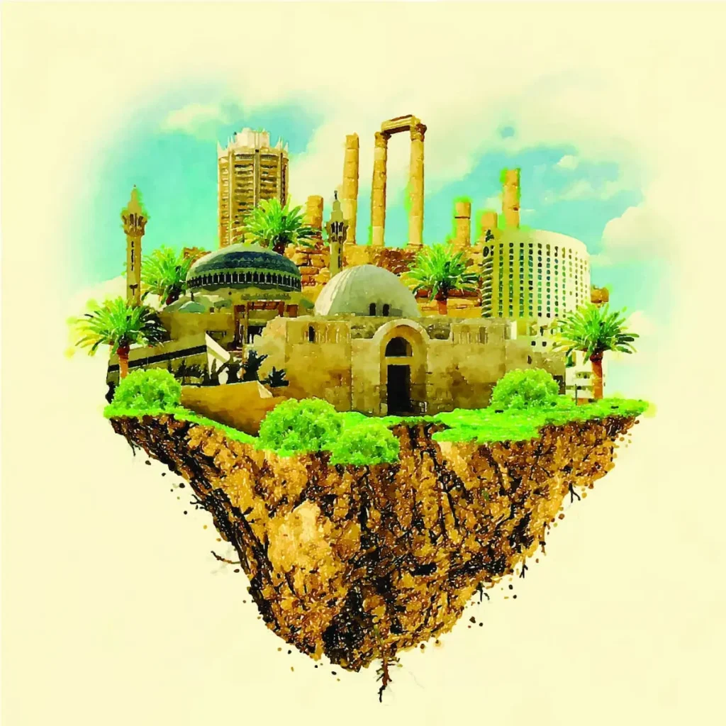 AMMAN city on floating land vector water color illustration 