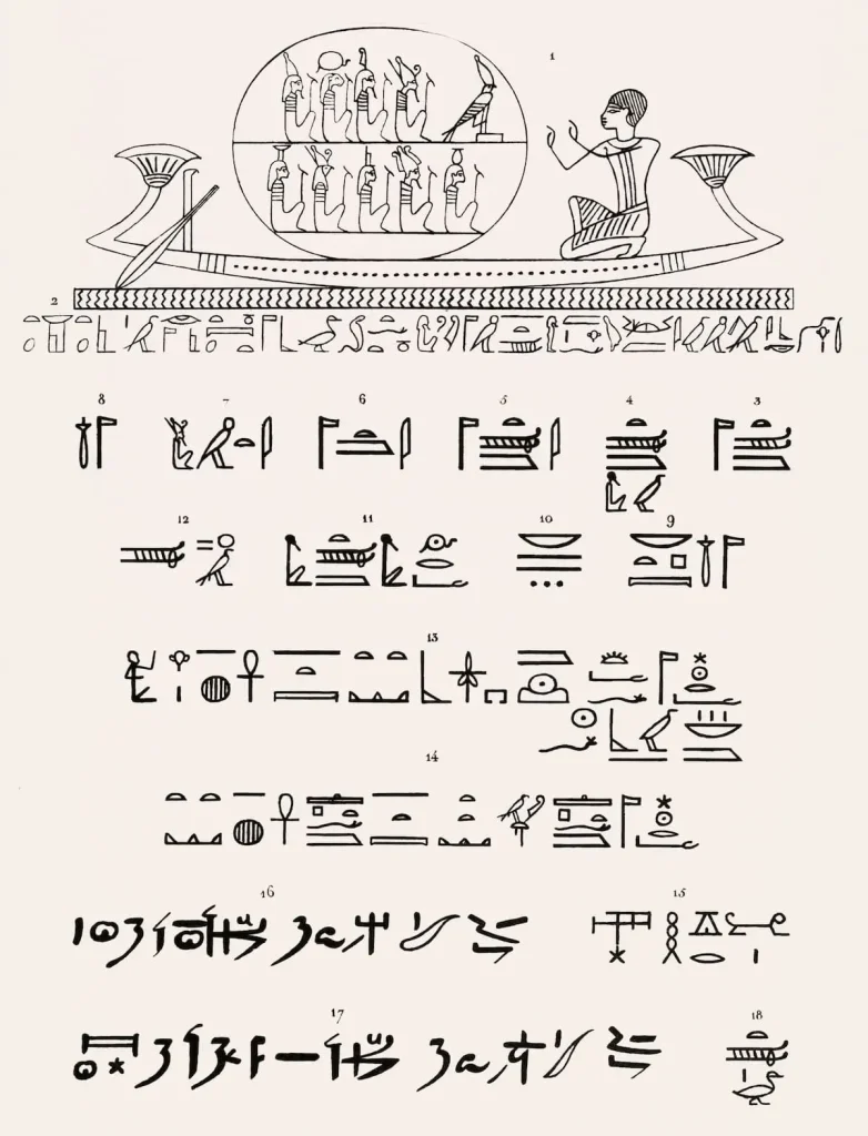 Atum, Hieroglyphics text illustration from Pantheon Egyptien.