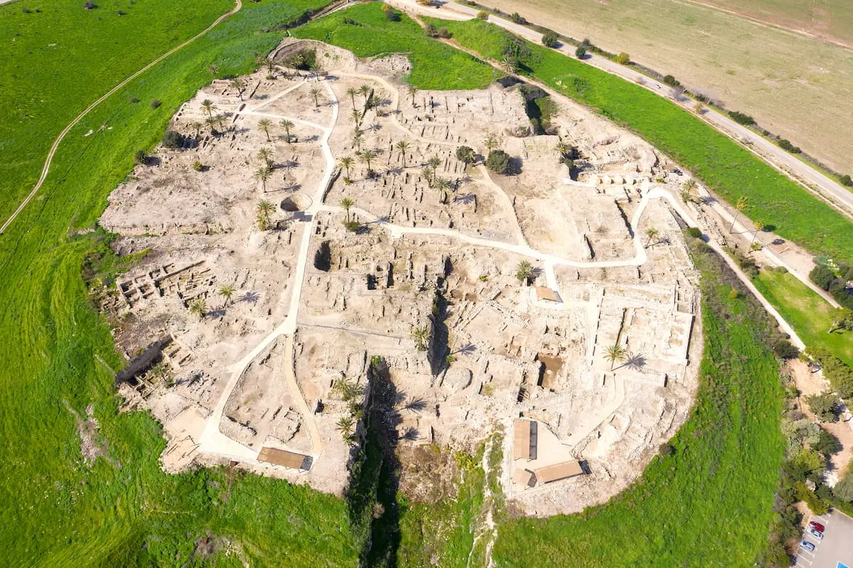 Tel Megiddo national park, Also known in Greek as Armageddon, A prophesied town for a battle during the end times, Aerial view.