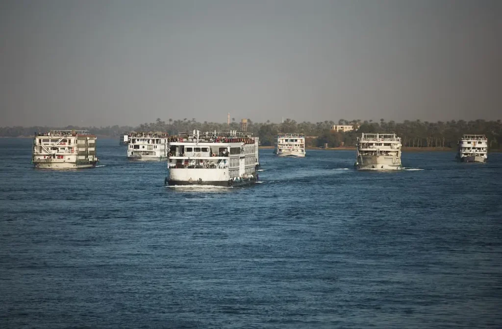 Cruise ships on the Nile. Summer trip. Popular way for tourists to see ancient Egypt. Egyptian excursion. Ancient Egypt. Vacation destination. Historic sites. Tours and sightseeing