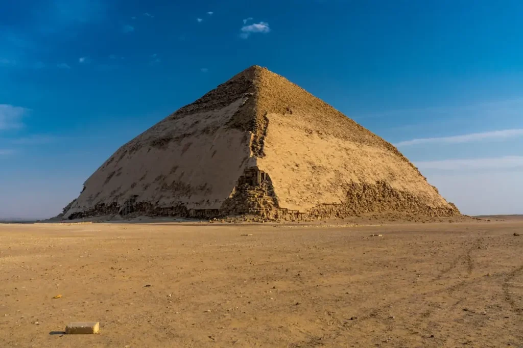 NOVEMBER 12, 2019, CAIRO, EGYPT - Bent Pyramid is an ancient Egyptian pyramid, the first, located at the royal necropolis of Dahshur outside of Cairo Egypt