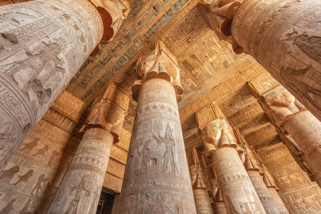 Painted and carved hypostyle hall at Dendera Temple. Egypt
