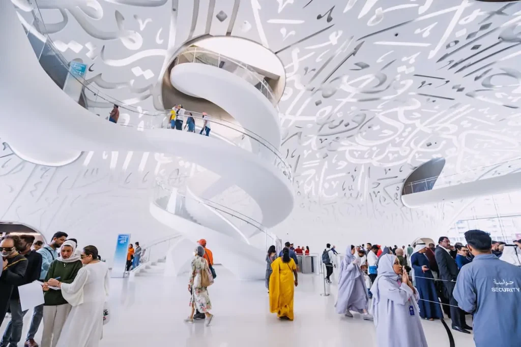 Staircase in form of DNA spiral in Future museum interior. Families visitors and educational groups.