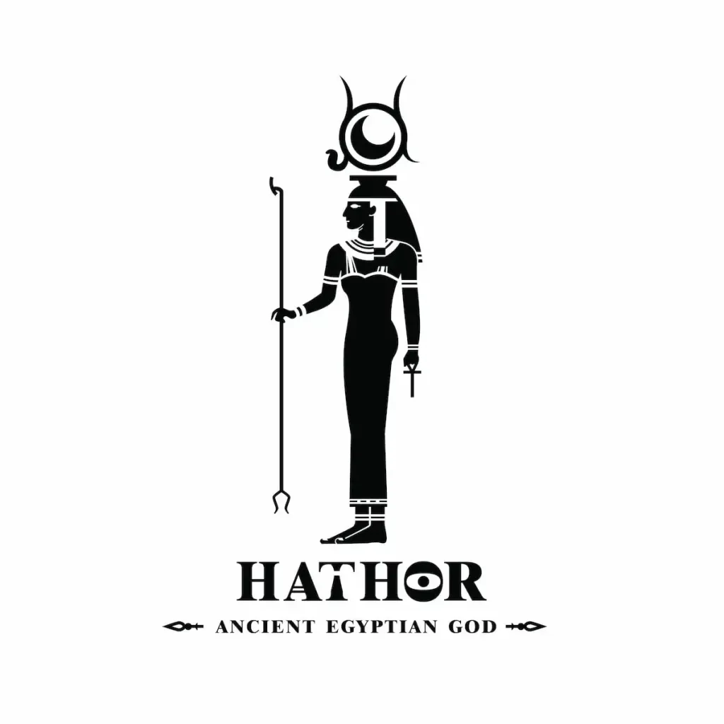Ancient egyptian god hathor silhouette. middle east beauty queen with crown and sun