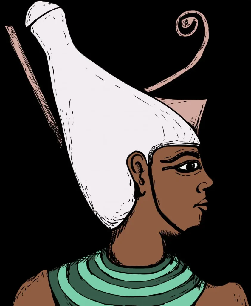 Illustrated side view of ancient Egyptian god Atum over white
