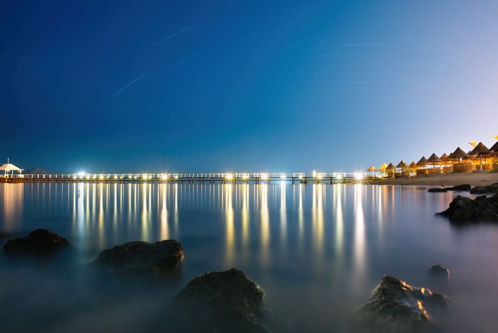 Panorama view of the night sky over beach, Safaga Egypt