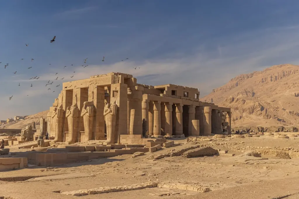 Amazing View of the Ruins of the huge Ramesseum Temple in Luxor, Egypt.