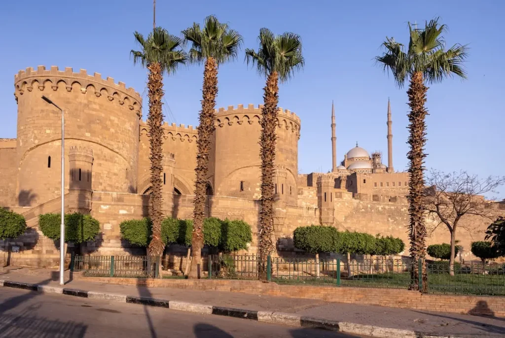View of massive ramparts and stunning Muhammad Ali Pasha (Alabaster) Mosque of Saladin Citadel on Salah El-Deen square, Cairo, Egypt