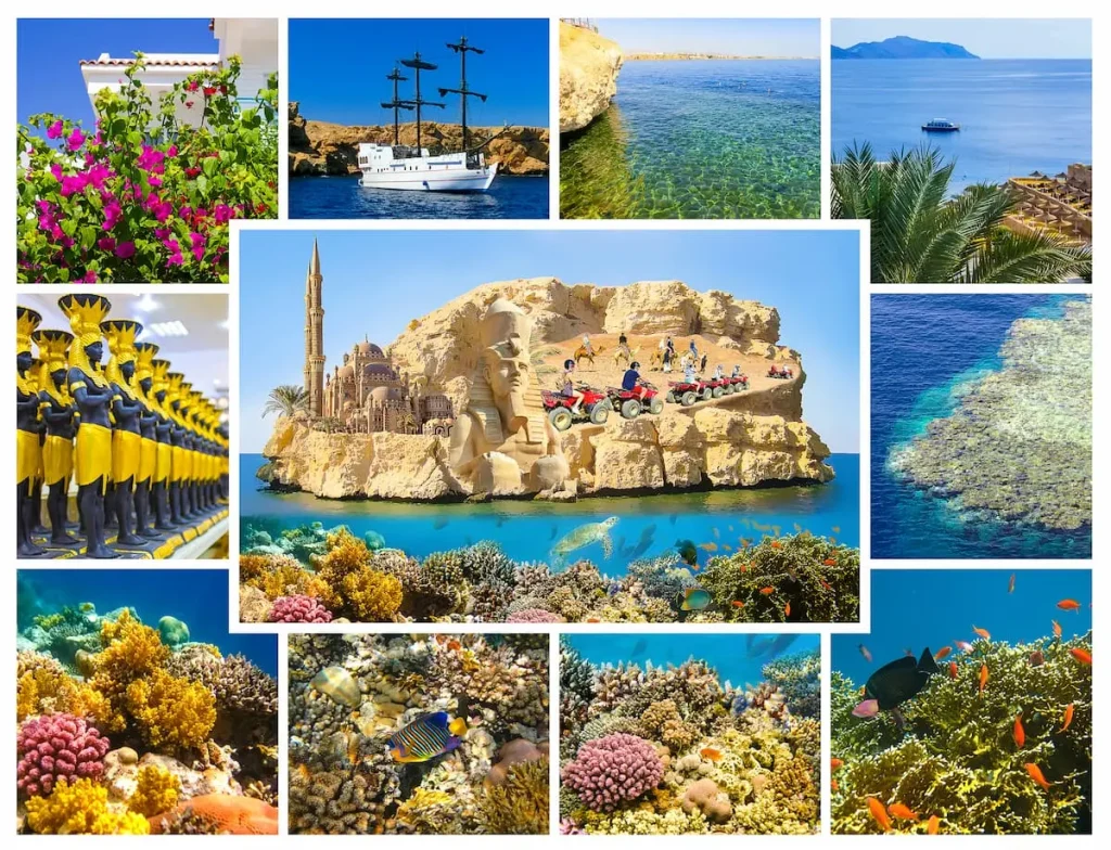 Collage about Sharm El Sheikh, Egypt with coral reef and fishes.