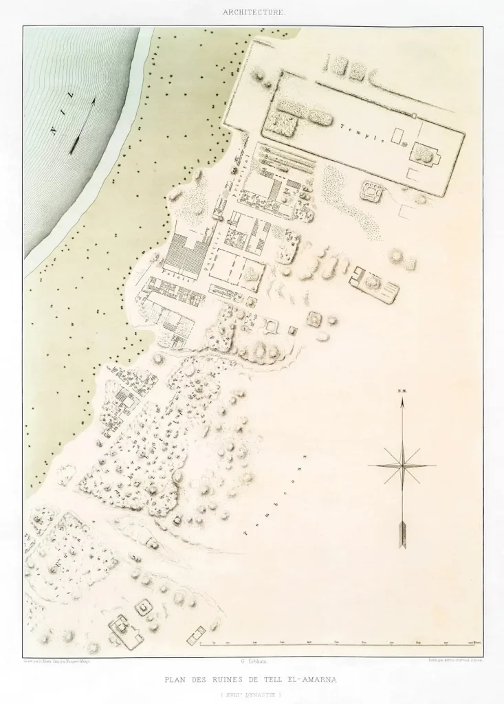 Plan of the ruins of Tell el-Amarna from Histoire de l'art egyptien (1878) by emile Prisse d'Avennes. Vintage lPlan of the ruins of Tell el-Amarna art print.