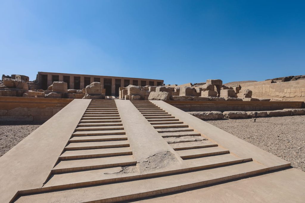 Outdoor View to an Ancient Egyptian temple of Seti I also known as the Great Temple of Abydos in Kharga, Egypt