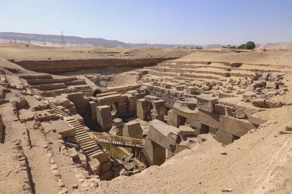 Outdoor View to an Ancient Egyptian temple of Seti I also known as the Great Temple of Abydos in Kharga, Egypt
