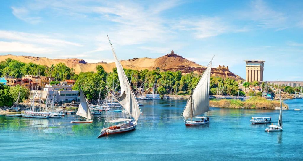 River Nile and boats at sunset in Aswan