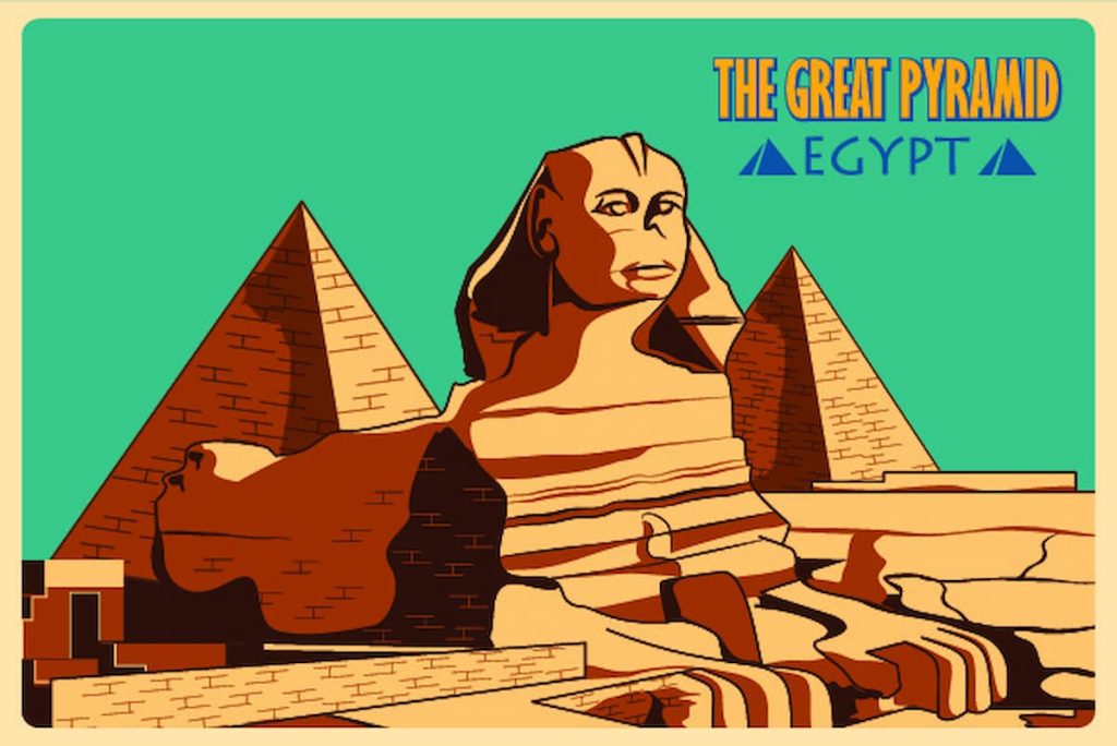 Vintage poster of Sphinx and Pyramids in Giza famous monument of Egypt. Vector illustration