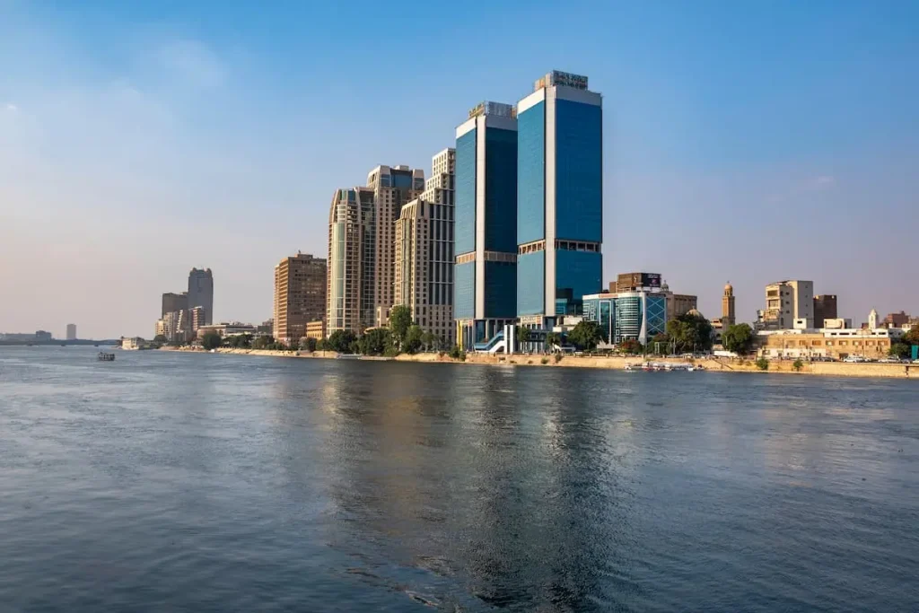 Panoramic view of river Nile in downtown of Cairo with high modern buildings