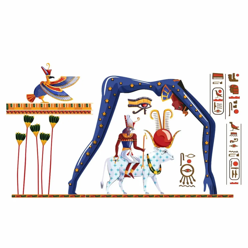 Ancient Egypt legend cartoon vector. Hieroglyphs and Egyptian culture religious symbols, Ra sits on cow back, over it in form of night sky goddess Nut, Ra leaving for sky