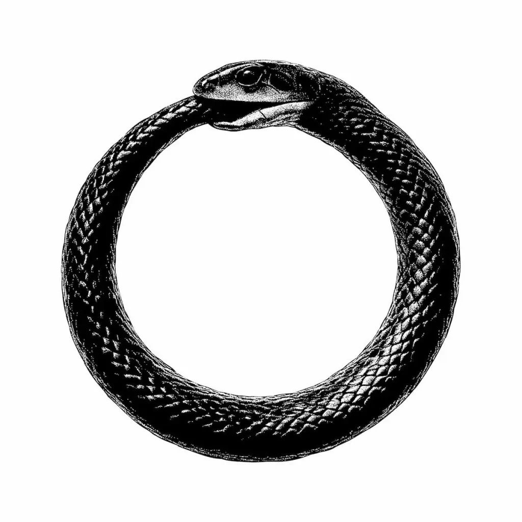 A detailed black and white illustration of an ouroboros, a snake eating its own tail, symbolizing infinity, unity, and the cycle of life and death.