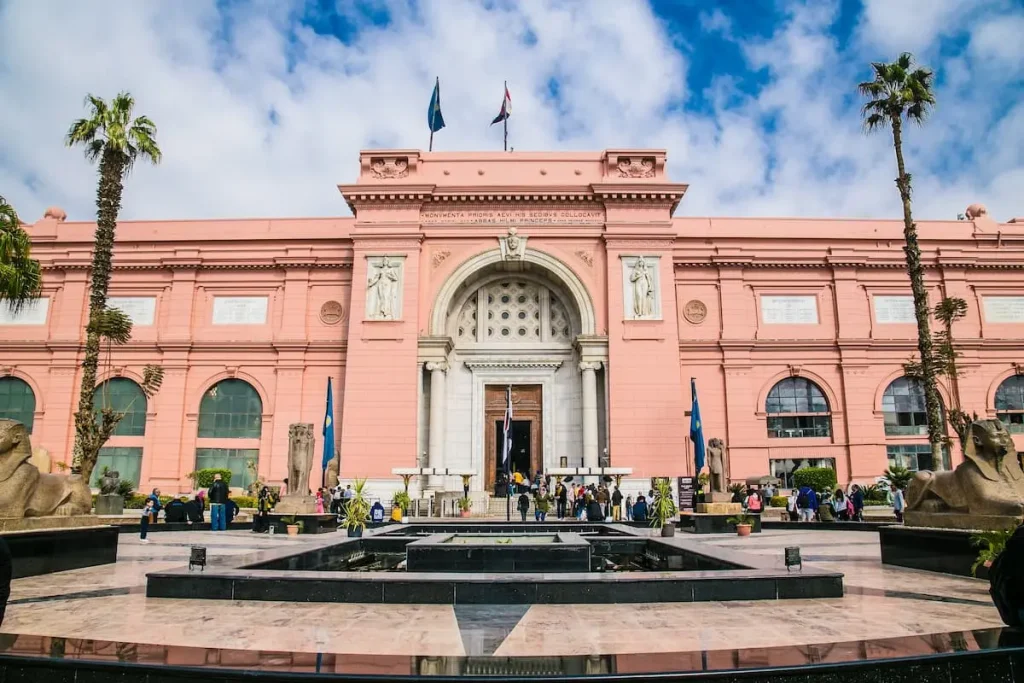 Exterior of the Museum of Egyptian Antiquities (Egyptian Museum) which houses the world's largest collection of ancient Egyptian antiquities in Cairo, Egypt.