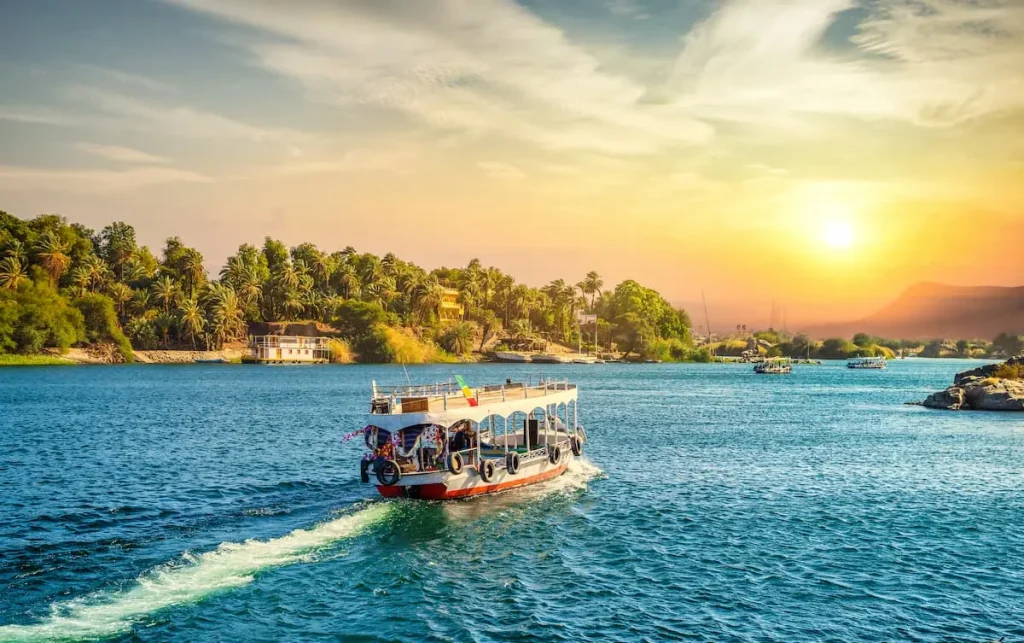 River Nile and boats at sunset in Aswan