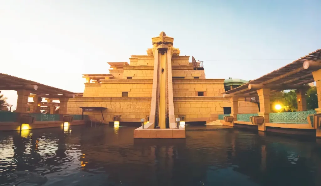 Atlantis water park Neptune tower. Popular fun tourist attraction in Dubai, United Arab Emirates