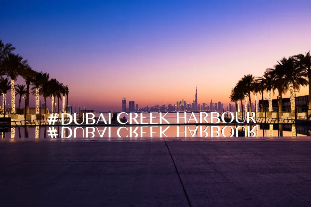 Dubai city skyline at dusk or evening. A beautiful view from Dubai Creek Harbour.
