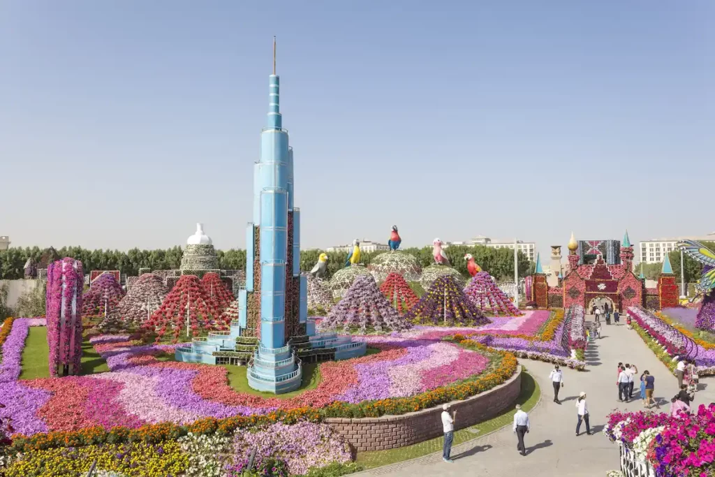 Burj Khalifa and millions of flowers at the Miracle Garden in Dubai. United Arab Emirates, Middle East