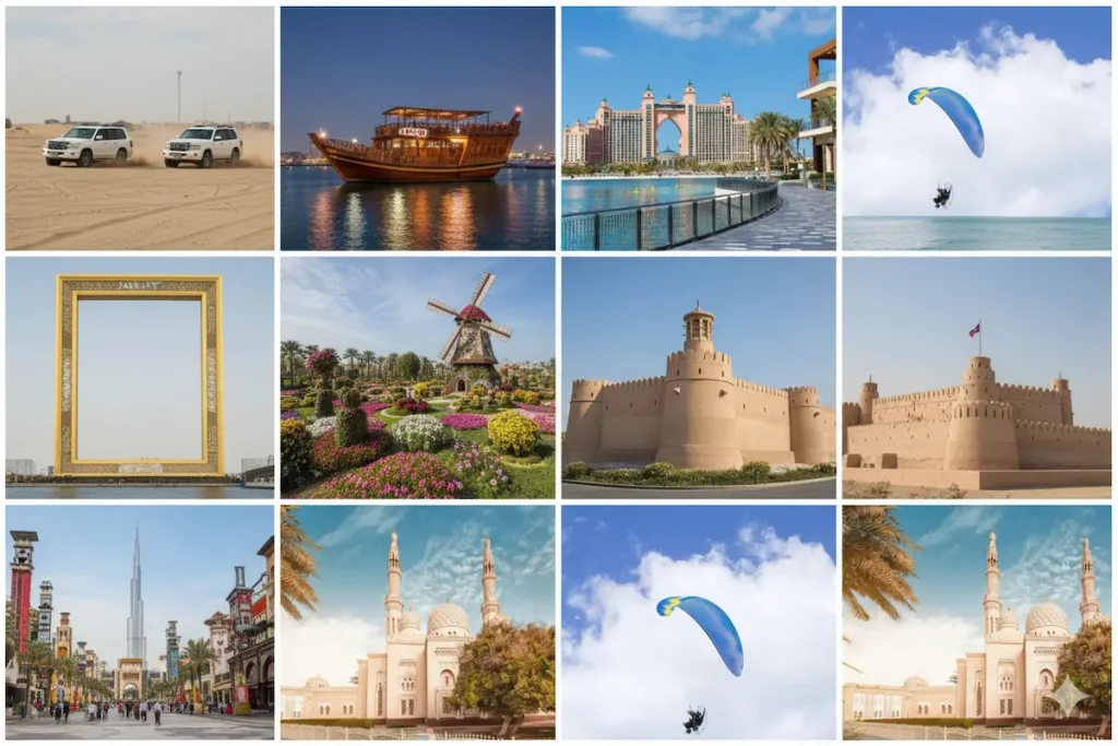 A collage of Dubai attractions, including desert safari, a dhow cruise, the Atlantis hotel, a paraglider, the Dubai Frame, Miracle Garden, Al Fahidi Fort, Global Village, and Jumeirah Mosque.
