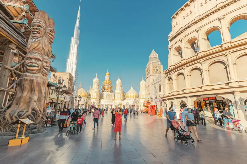 Panoramic view of the main entrance to the famous multinational exhibition complex Global Village with crowds of tourist and visitors